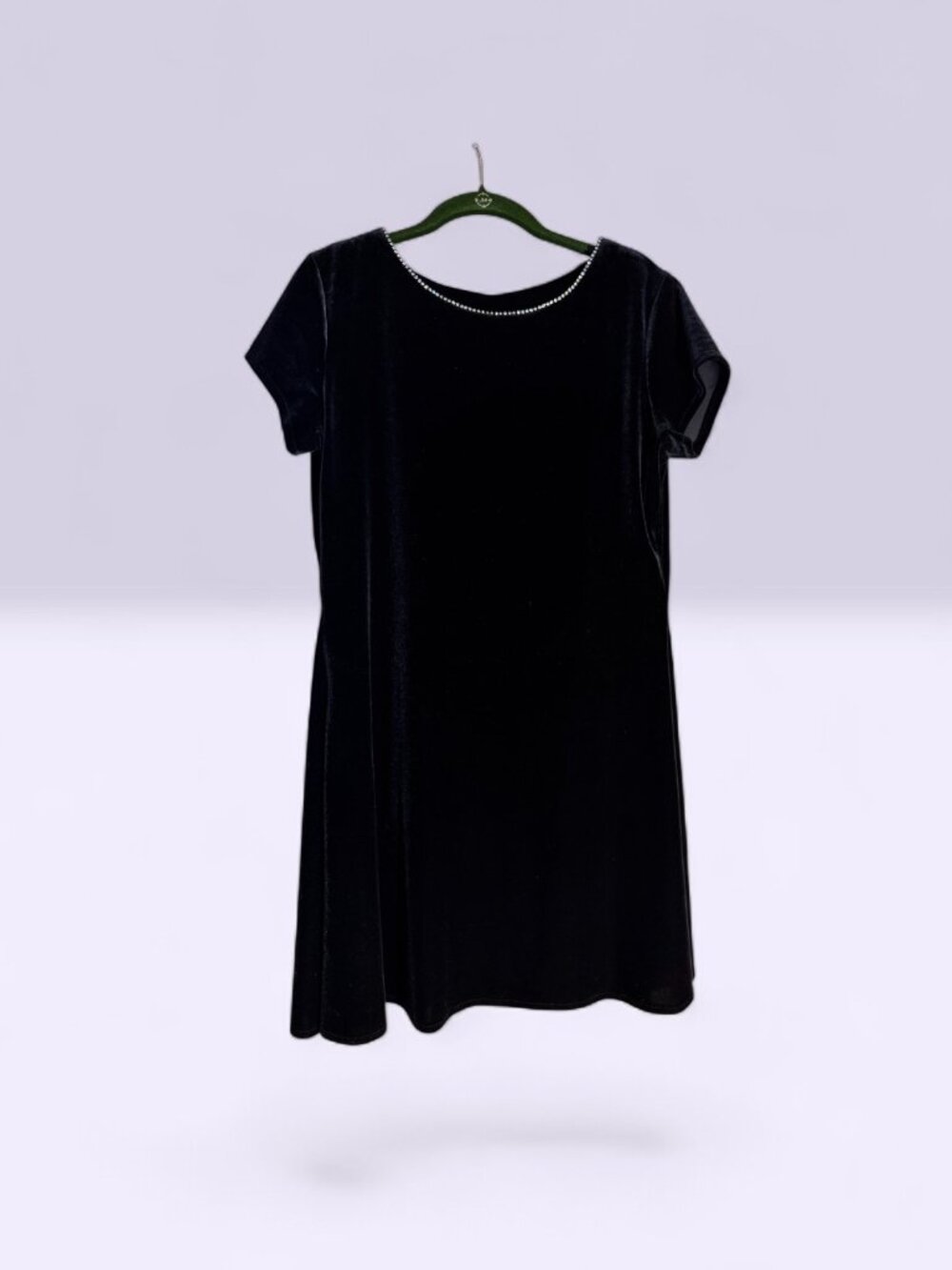 VTG KC Spencer NY Black Velvet Rhinestone Collar Short Sleeve Shift Dress Sz 10